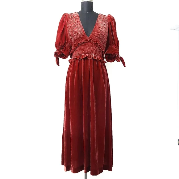 Sea New York Mayde Velvet Puff Sleeve Smocked Bow Midi Maxi Dress - Picture 3 of 11